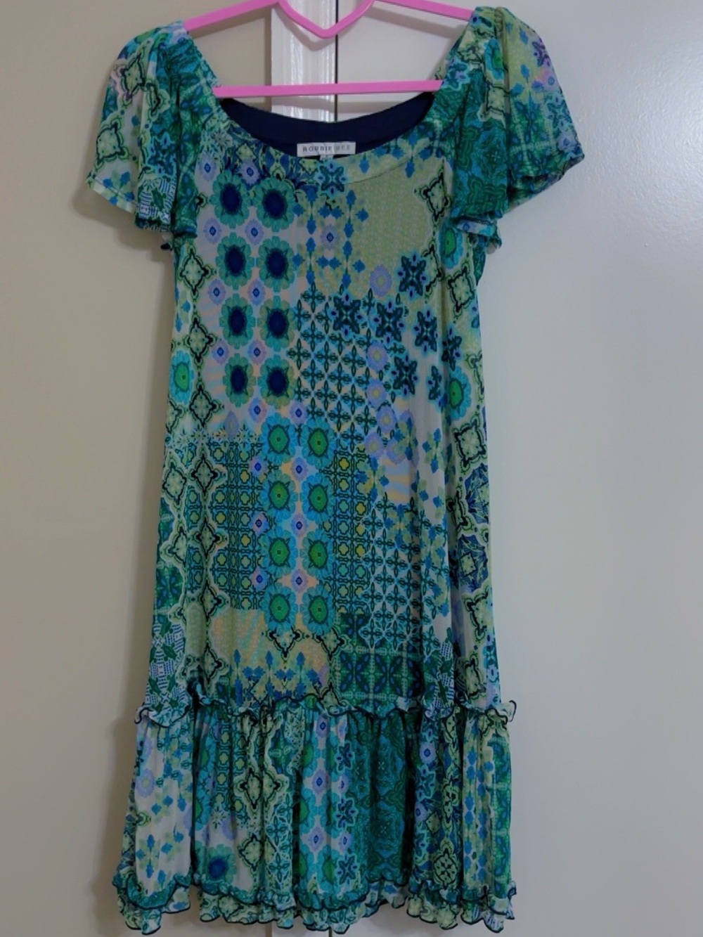 Robbie Bee Green Mosaic Ruffle Dress